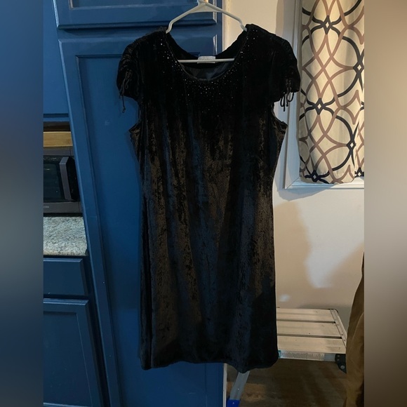 Calvin Klein Velvet Silk Blend Black Beaded Neck Short‎ Sleeve Dress Size 12 - Picture 2 of 7